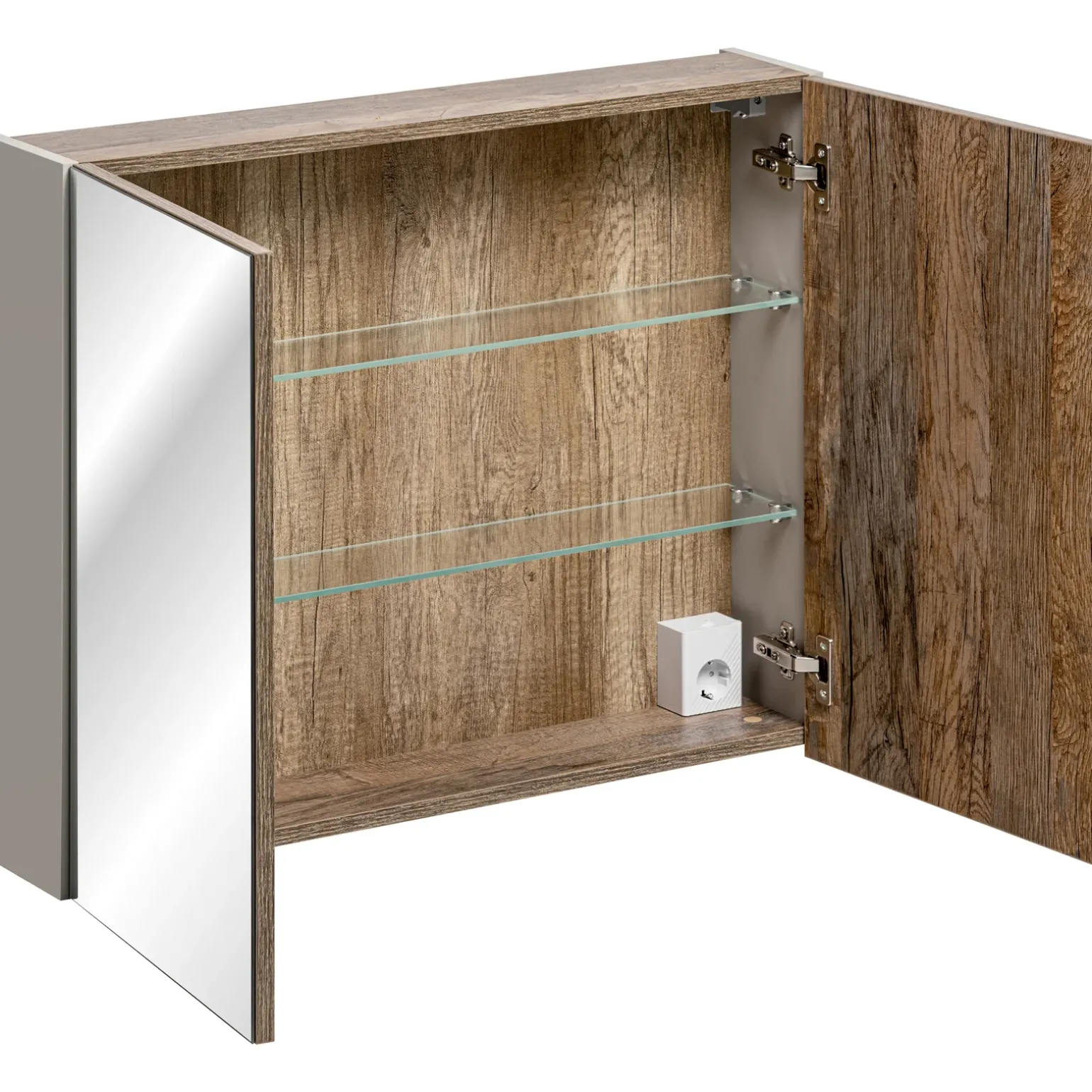 Mobile bagno sospeso 80cm con lavabo, mobile specchio e colonna grigio quercia Serif