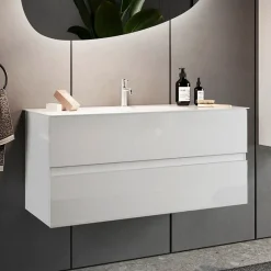 Mobile bagno sospeso 100cm con lavabo 2 cassetti bianco lucido Moon
