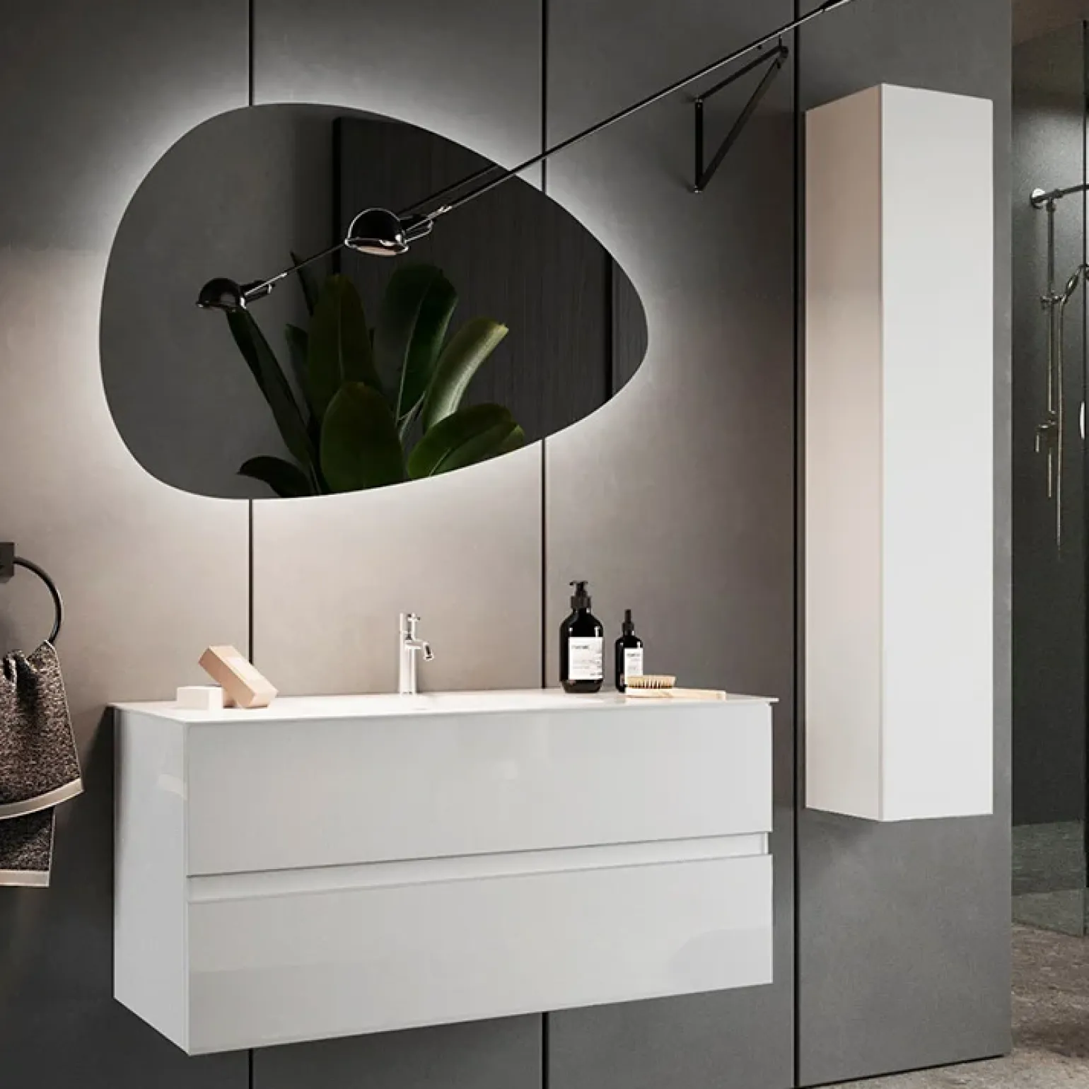 Mobile bagno sospeso 100cm con lavabo 2 cassetti bianco lucido Moon