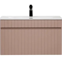 Mobile bagno sospeso 80cm cannettato con lavabo da incasso, colonna e specchio rosa Autentic
