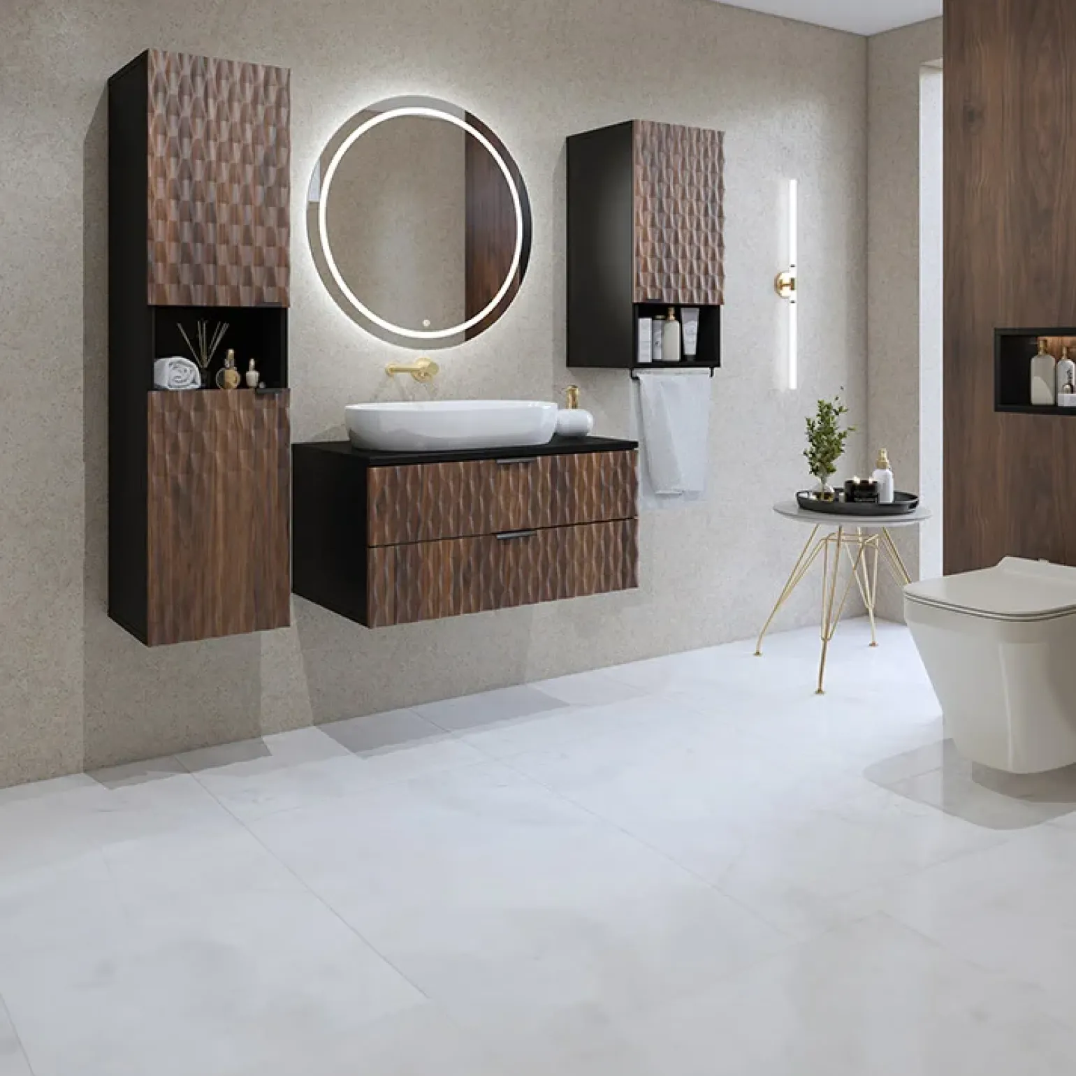 Mobile bagno sospeso 82cm con colonna e pensile nero frontali noce decorati Silvy