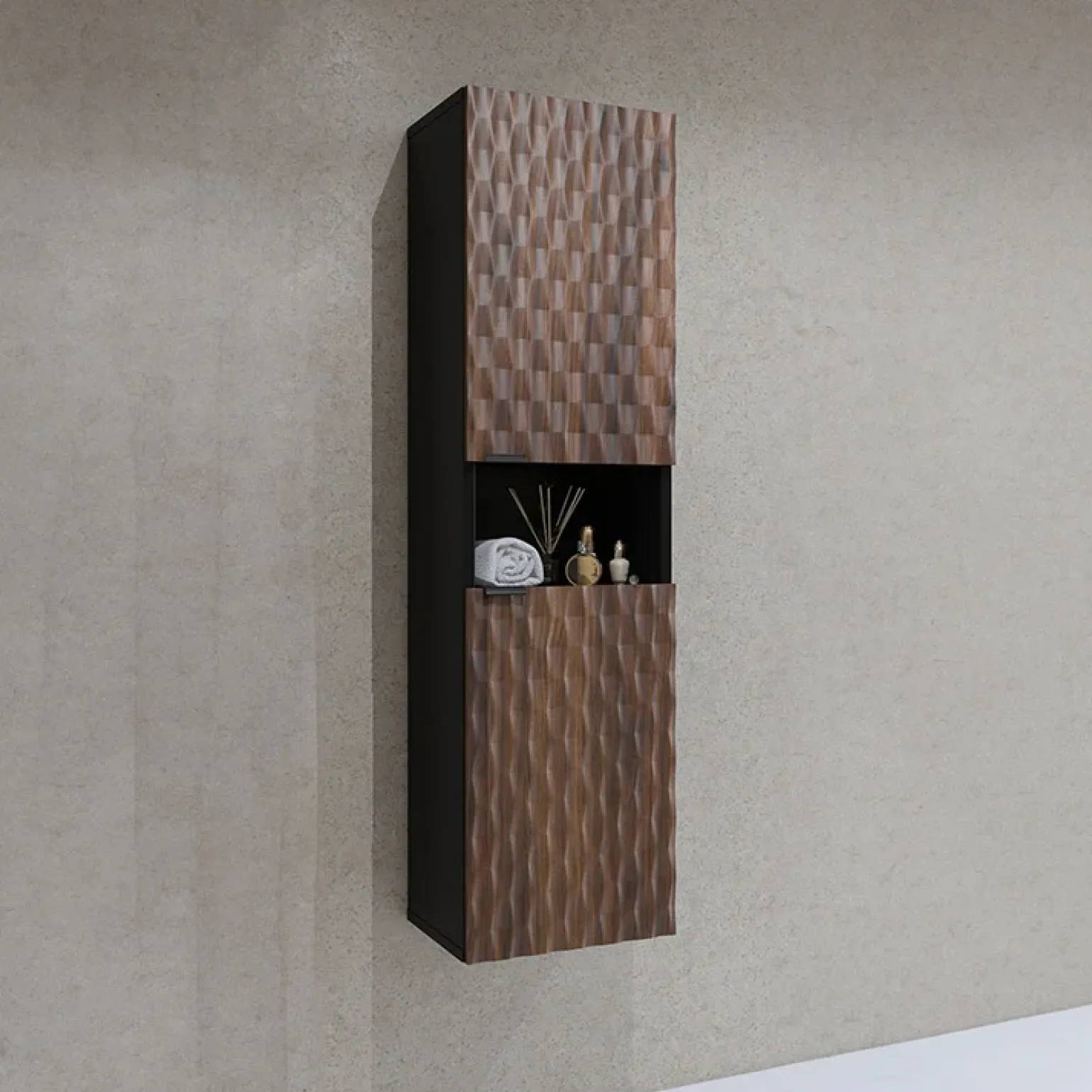 Mobile bagno sospeso 82cm con colonna e pensile nero frontali noce decorati Silvy