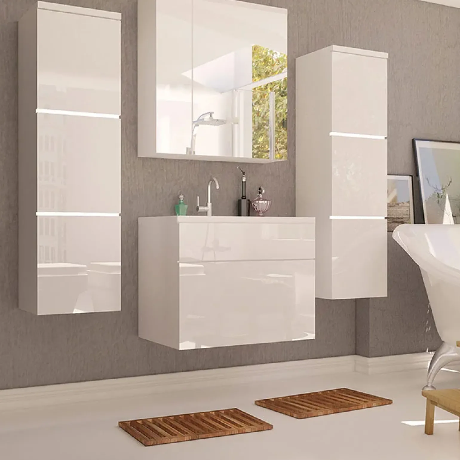 Mobile bagno sospeso 60cm con lavabo, specchio e colonne bianco lucido Teresa