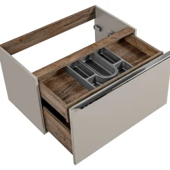 Mobile bagno sospeso 80cm con lavabo, mobile specchio e colonna grigio quercia Serif