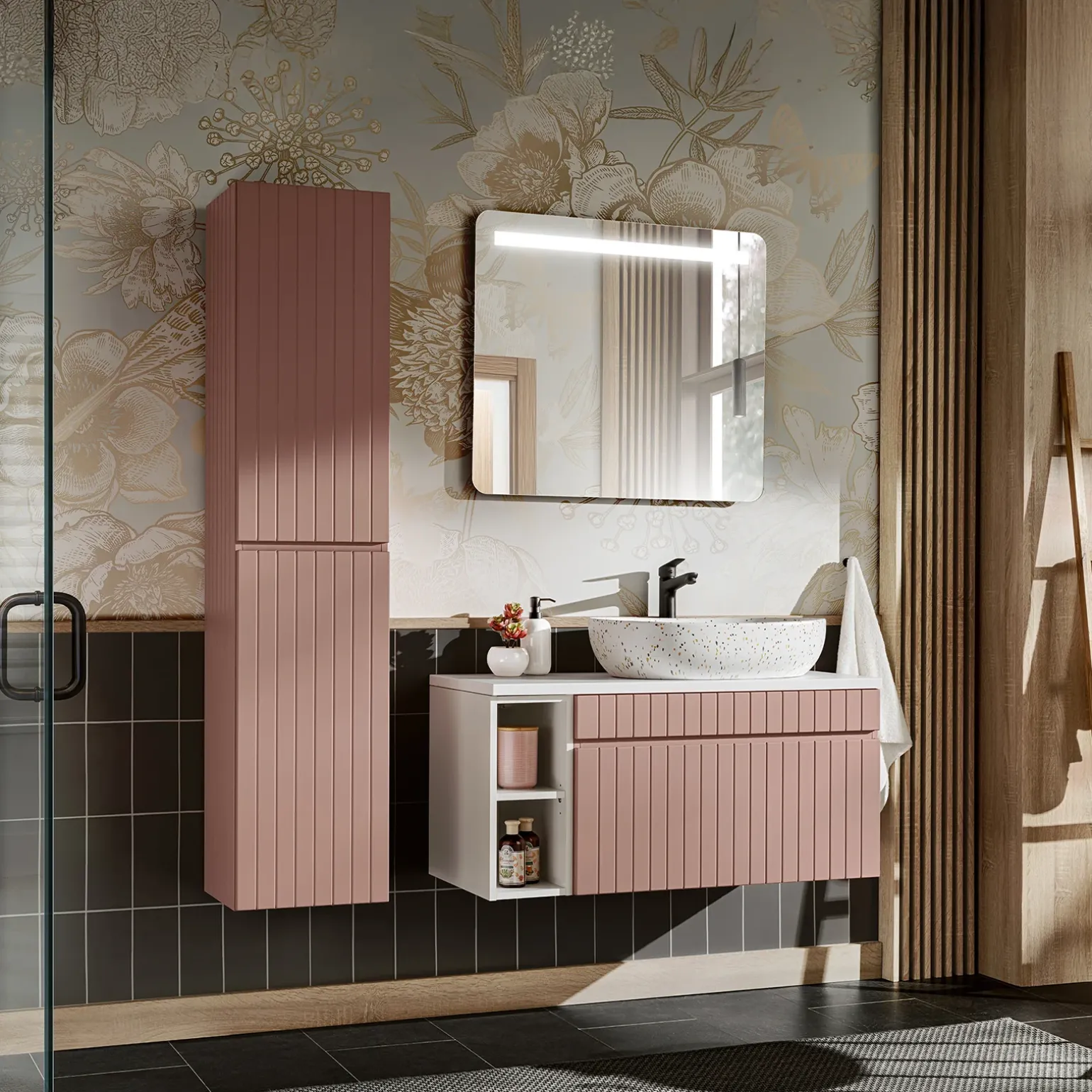 Mobile bagno sospeso 100cm cannettato con lavabo, colonna e specchio rosa Autentic