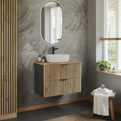 Mobile bagno sospeso 80cm cm 2 cassetti quercia antracite Limpid