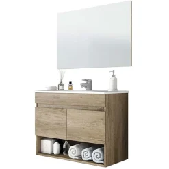 Mobile bagno sospeso 80cm con lavabo e specchio rovere nordik Dexter