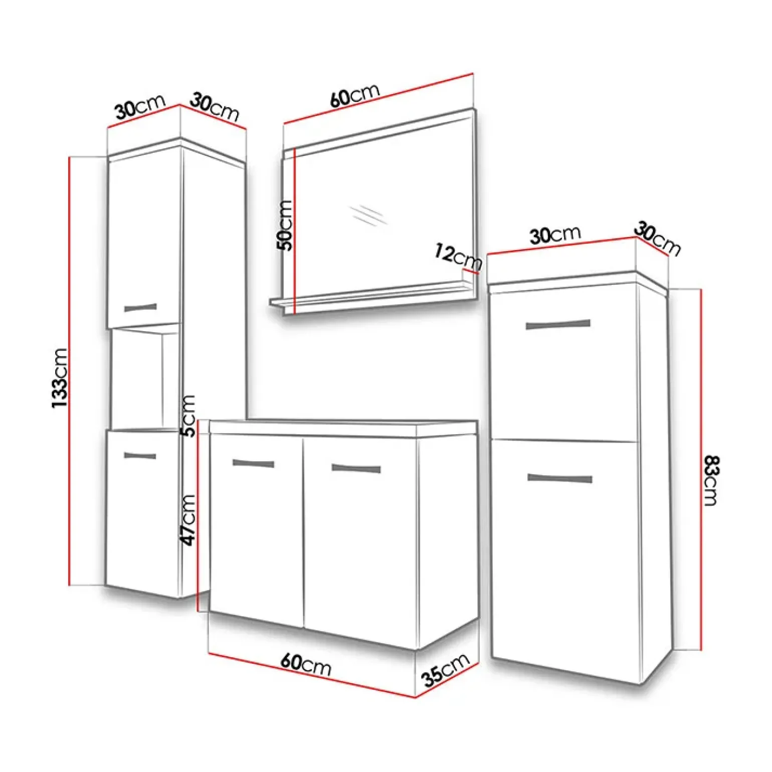 Mobile bagno sospeso 60cm con lavabo, specchio e 2 colonne rovere grigio Saturnia