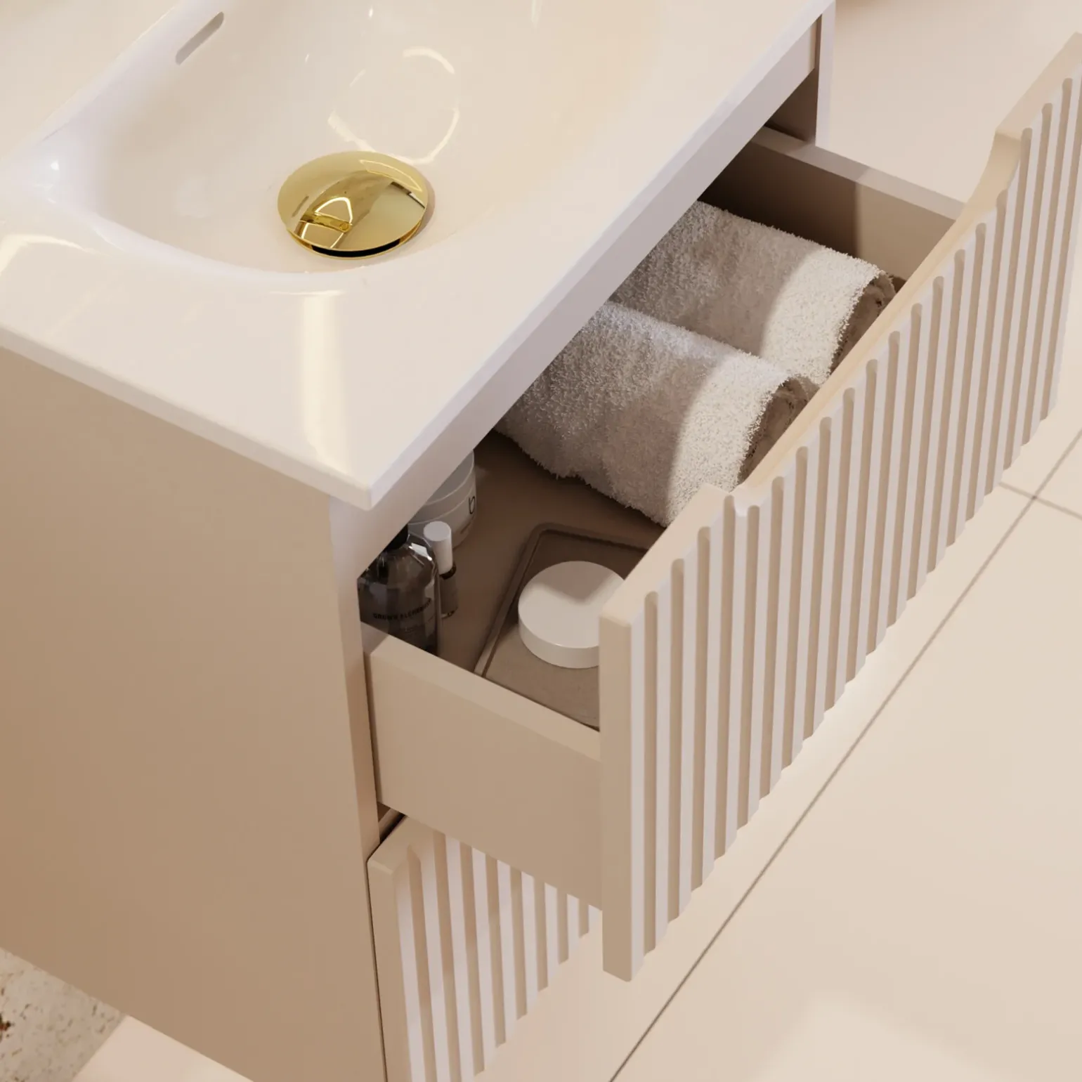 Mobile bagno sospeso 50cm cannettato con lavabo 2 cassetti beige Cleany