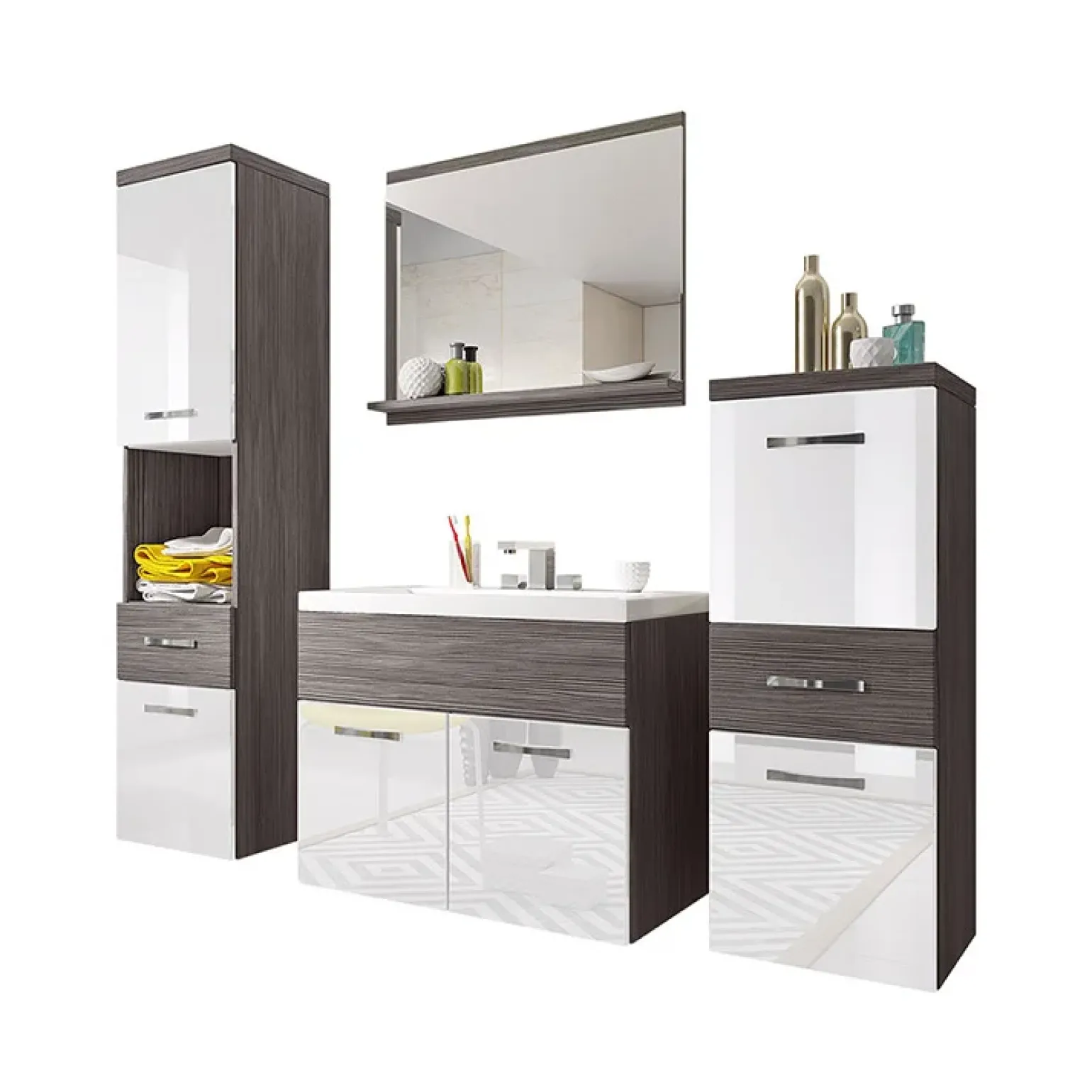 Mobile bagno sospeso 60cm con lavabo, specchio e colonne bianco lucido grigio scuro Loretta
