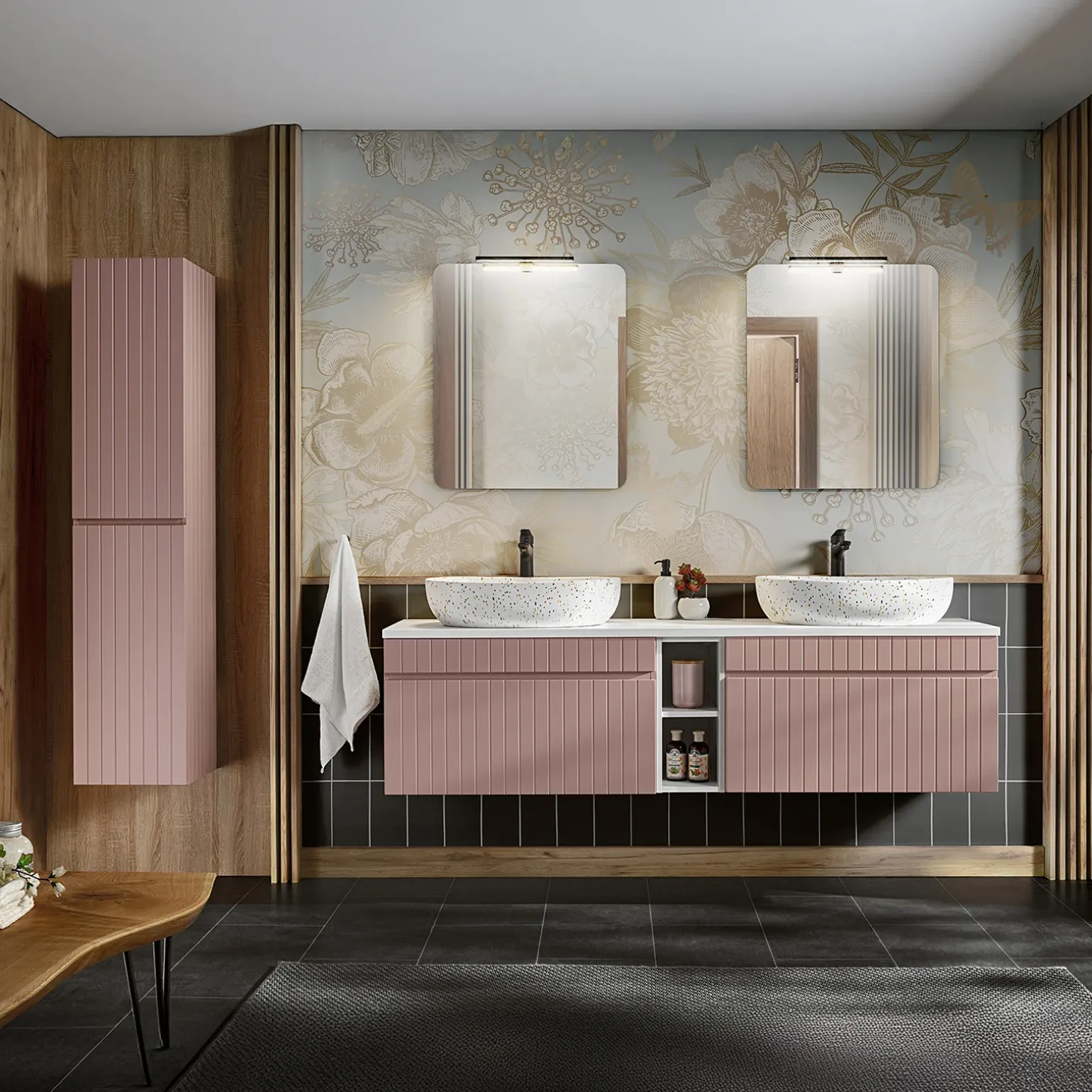 Mobile bagno sospeso 180cm cannettato con 2 lavabi, colonna e 2 specchi rosa Autentic