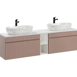Mobile bagno sospeso 180cm cannettato con 2 lavabi, colonna e 2 specchi rosa Autentic