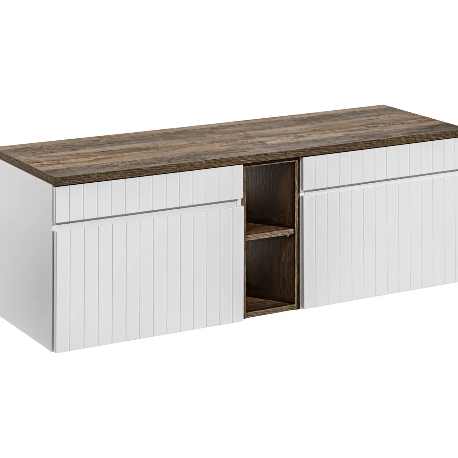 Mobile bagno sospeso 140cm cannettato con 2 lavabi, colonna e specchio bianco quercia Autentic