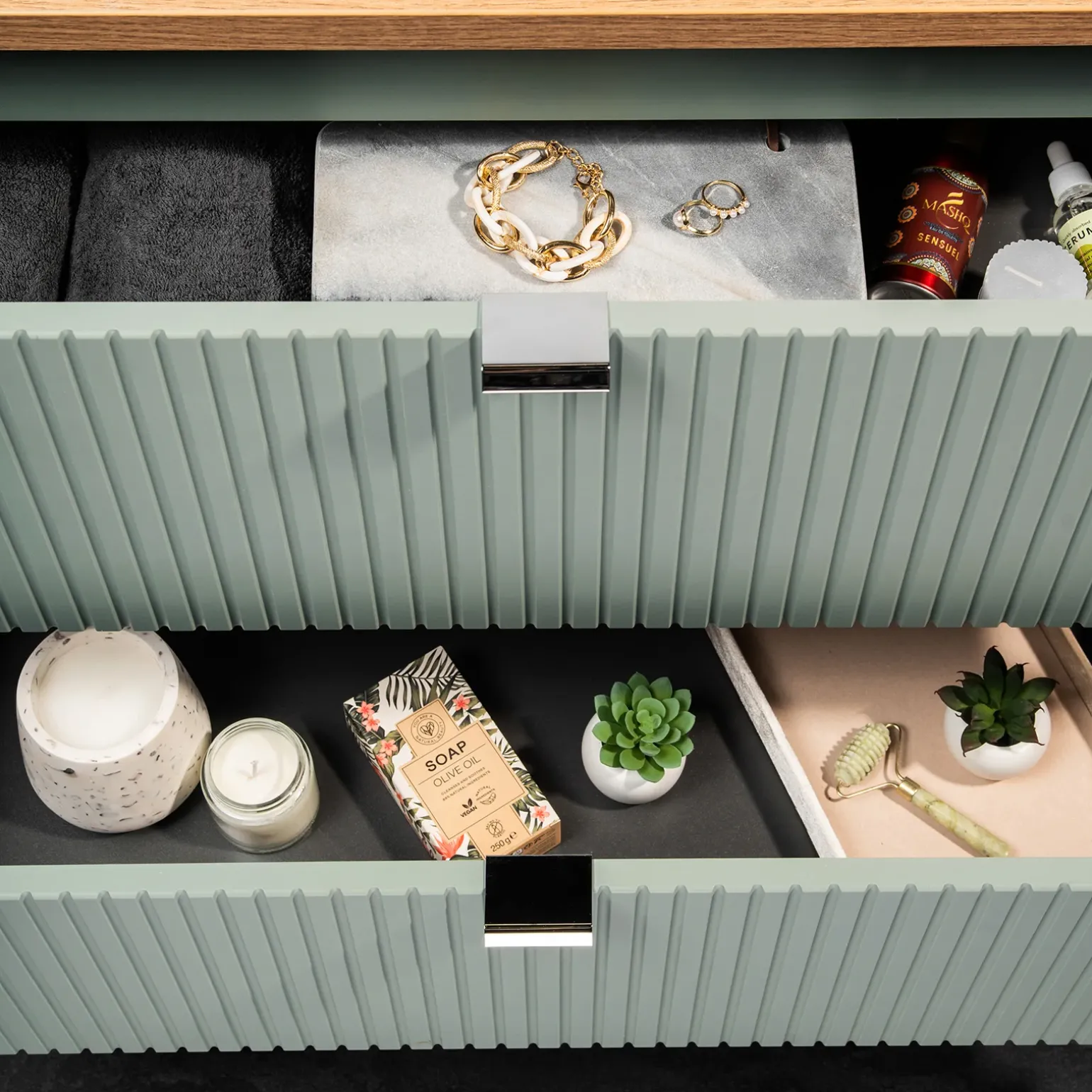 Mobile bagno sospeso 60cm cannettato 2 cassetti verde salvia rovere Greeny