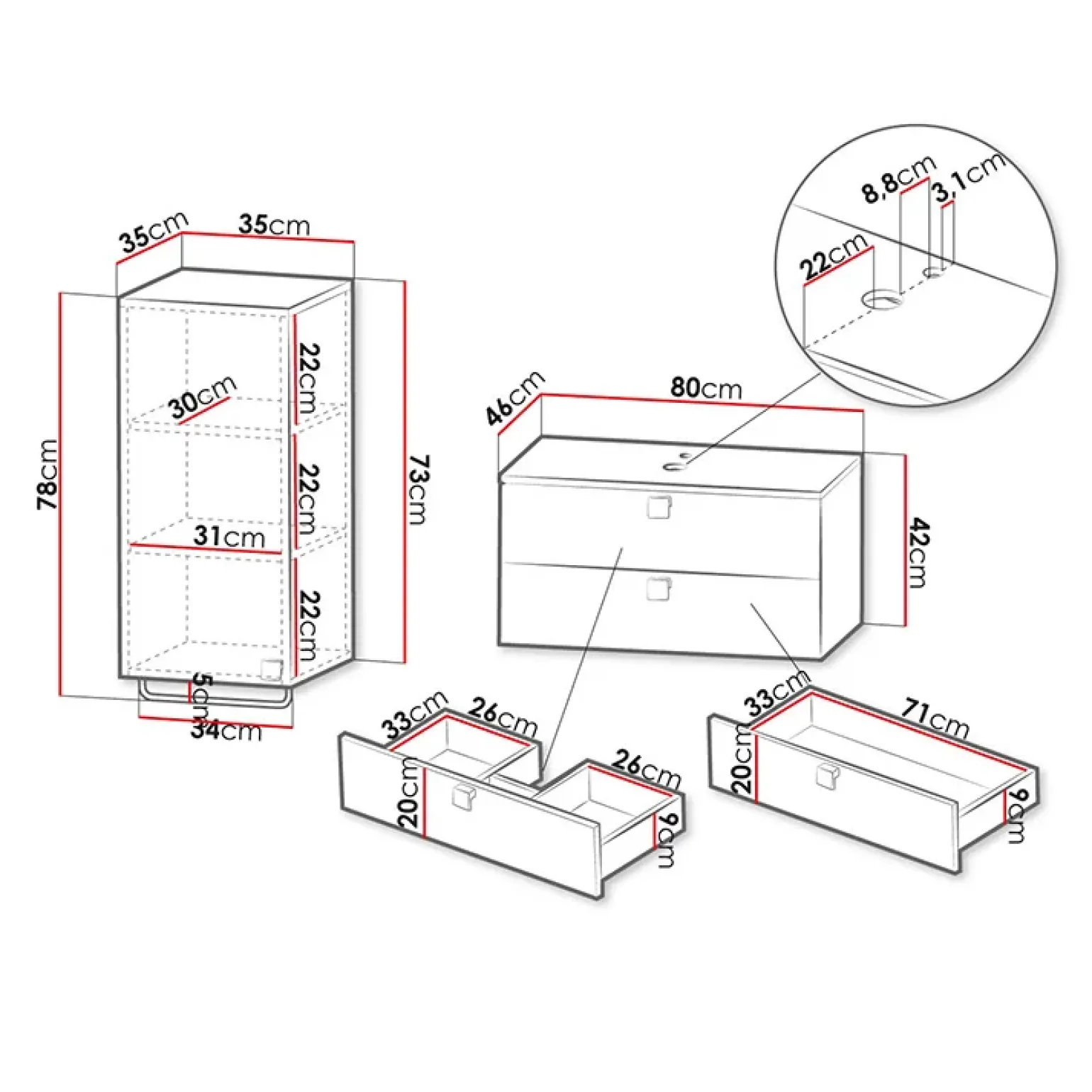 Mobile bagno sospeso 80cm con pensile 2 cassetti nero Bursa 3