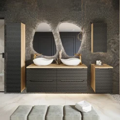 Mobile bagno sospeso 120cm con 2 lavabi, colonna, pensile e base sospesa nero rovere Swim