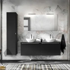 Mobile bagno sospeso 120cm con 2 lavabi, specchio e colonna nero Serif
