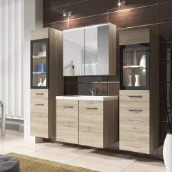Mobile bagno sospeso 60cm con lavabo, specchio e 2 colonne rovere chiaro Luz