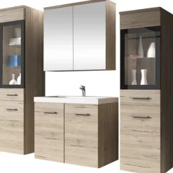 Mobile bagno sospeso 60cm con lavabo, specchio e 2 colonne rovere chiaro Luz