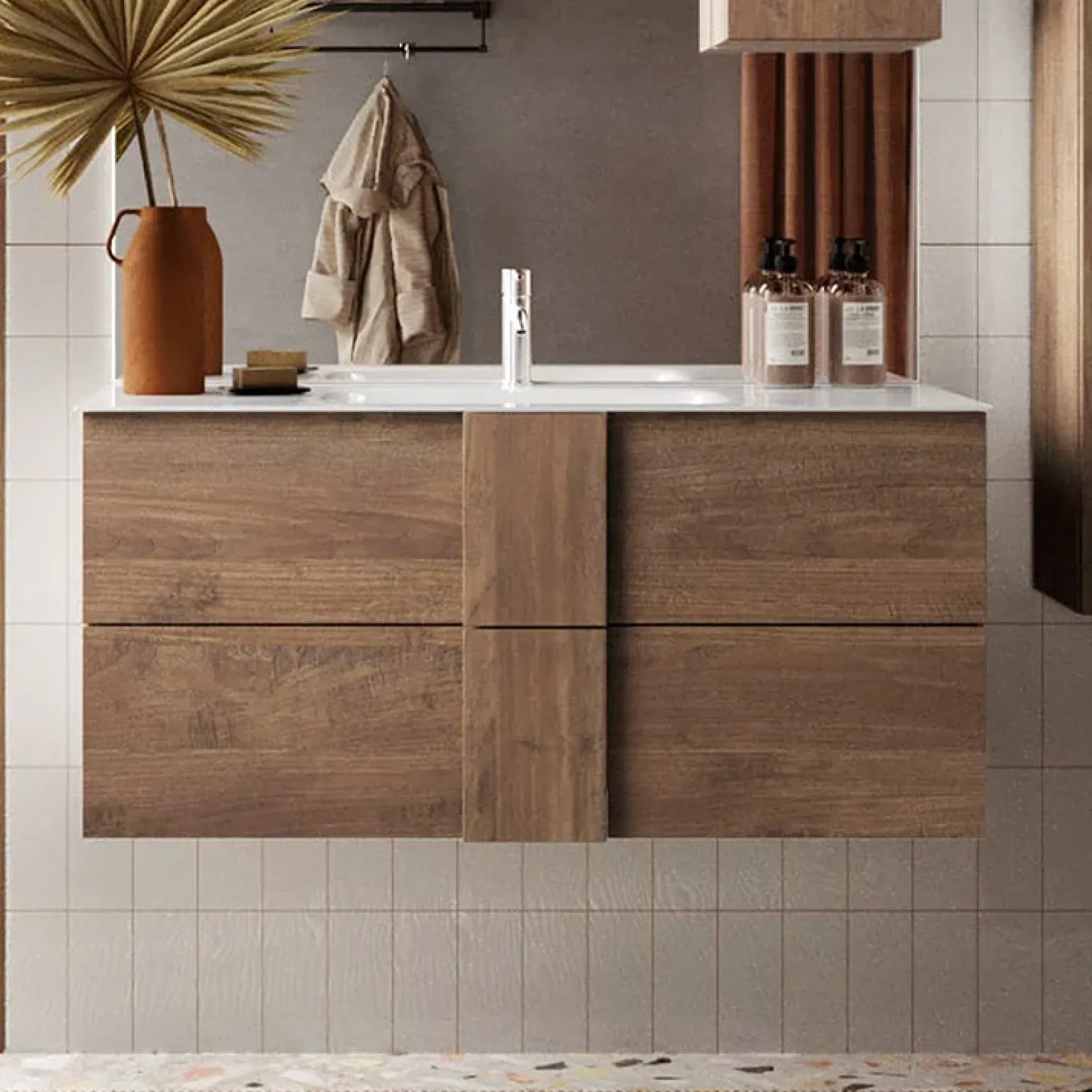 Mobile bagno sospeso 100cm con lavabo 2 cassetti rovere Alvarez
