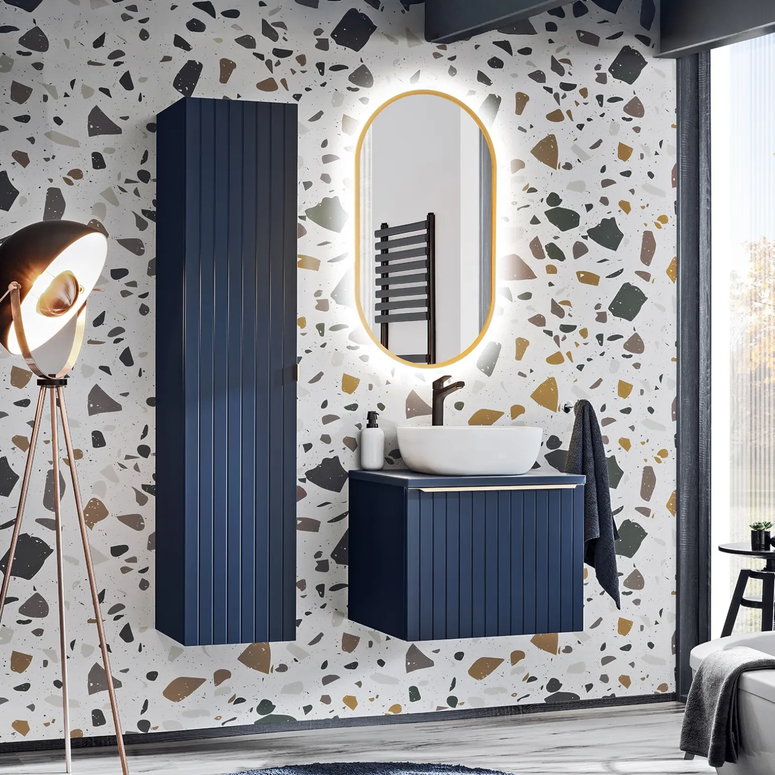 Mobile bagno sospeso 60cm con lavabo, specchio e colonna cannettato blu Deep