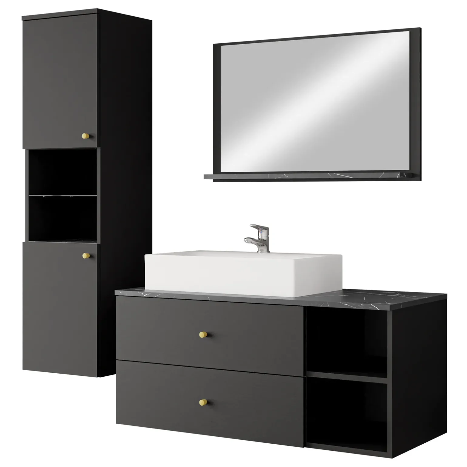 Mobile bagno sospeso 100cm con lavabo, specchio e colonna nero Krom