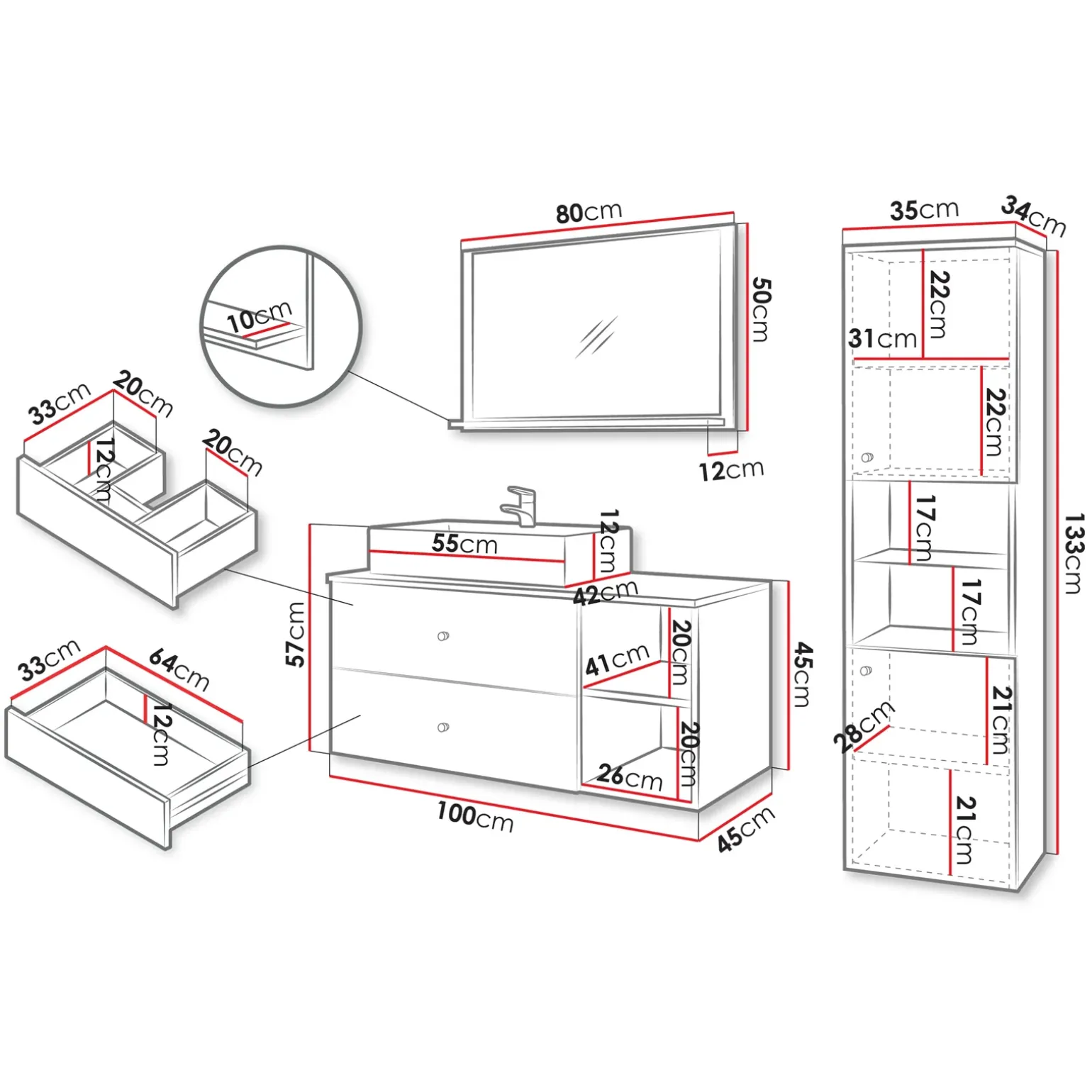 Mobile bagno sospeso 100cm con lavabo, specchio e colonna nero Krom