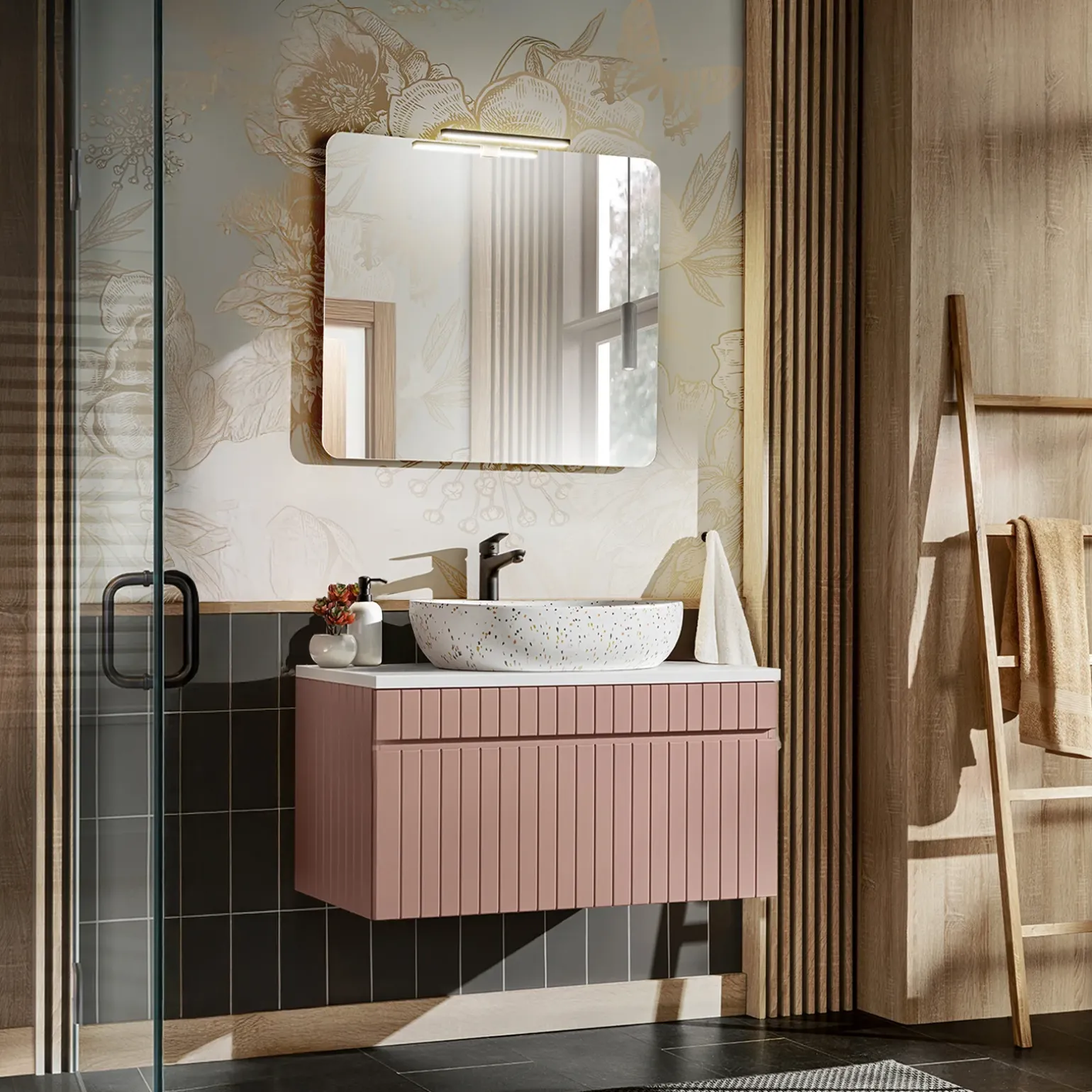 Mobile bagno sospeso 100cm cannettato 1 cassettone rosa Autentic