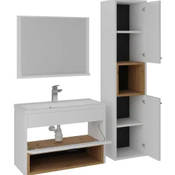 Mobile bagno sospeso 60cm con lavabo, specchio e colonna bianco rovere Florentina