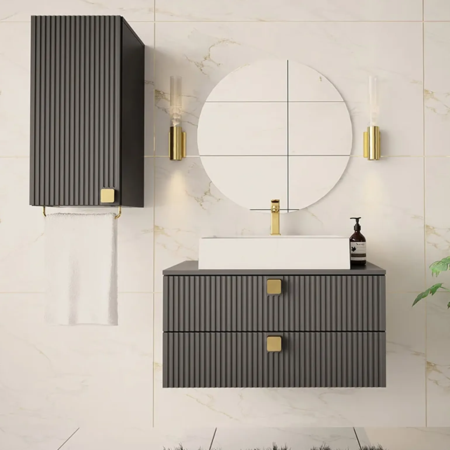 Mobile bagno sospeso 80cm con pensile 2 cassetti grigio Bursa 3