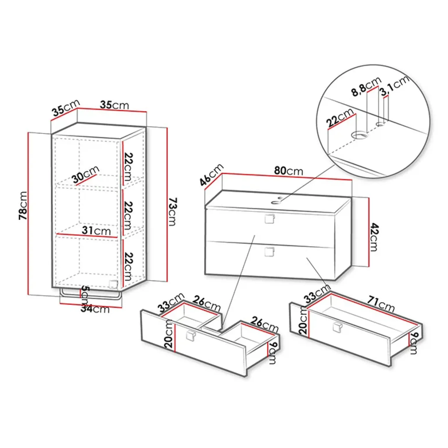 Mobile bagno sospeso 80cm con pensile 2 cassetti grigio Bursa 3
