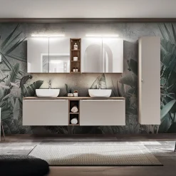 Mobile bagno sospeso 180cm con 2 lavabi, 2 mobili specchio e colonna grigio quercia Serif