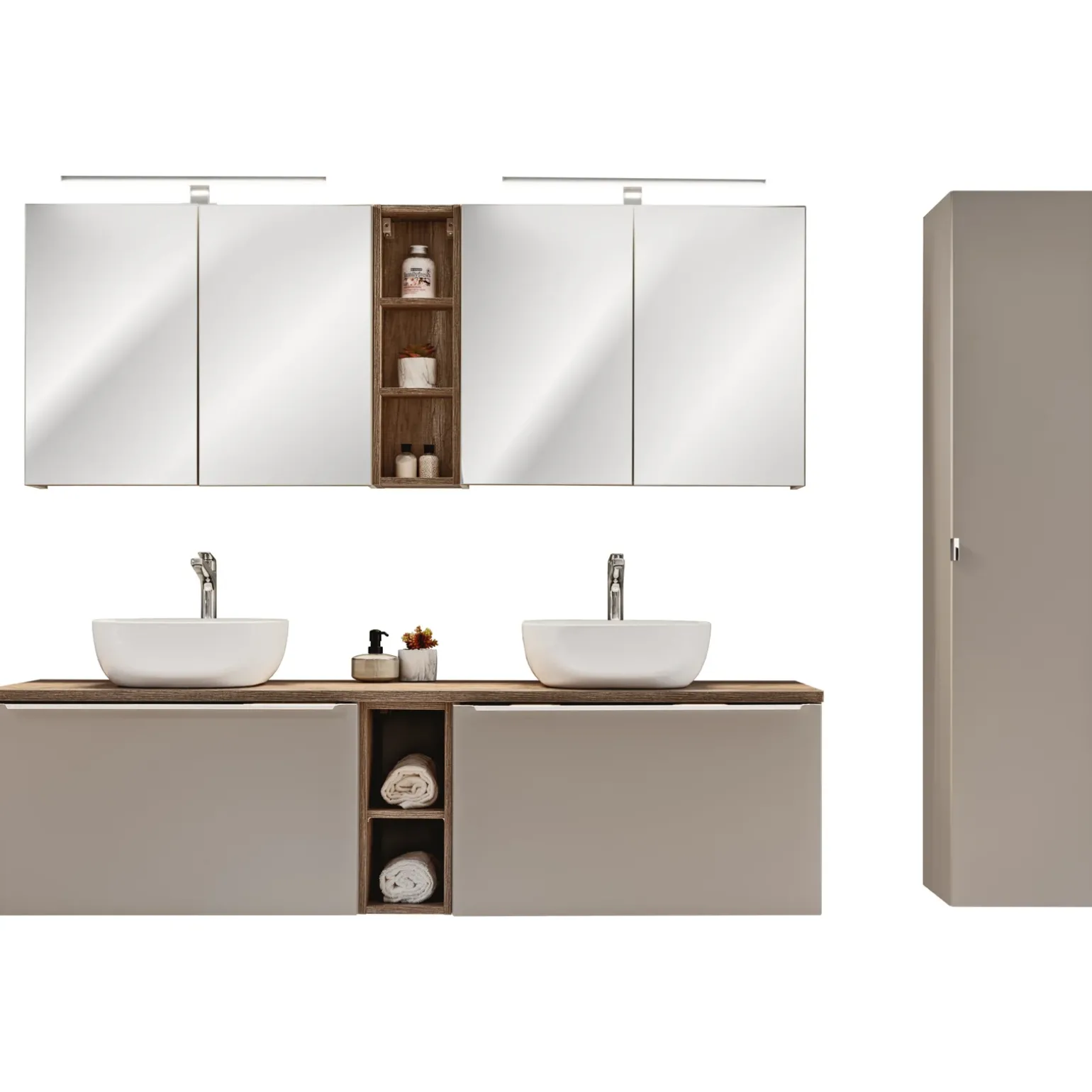 Mobile bagno sospeso 180cm con 2 lavabi, 2 mobili specchio e colonna grigio quercia Serif