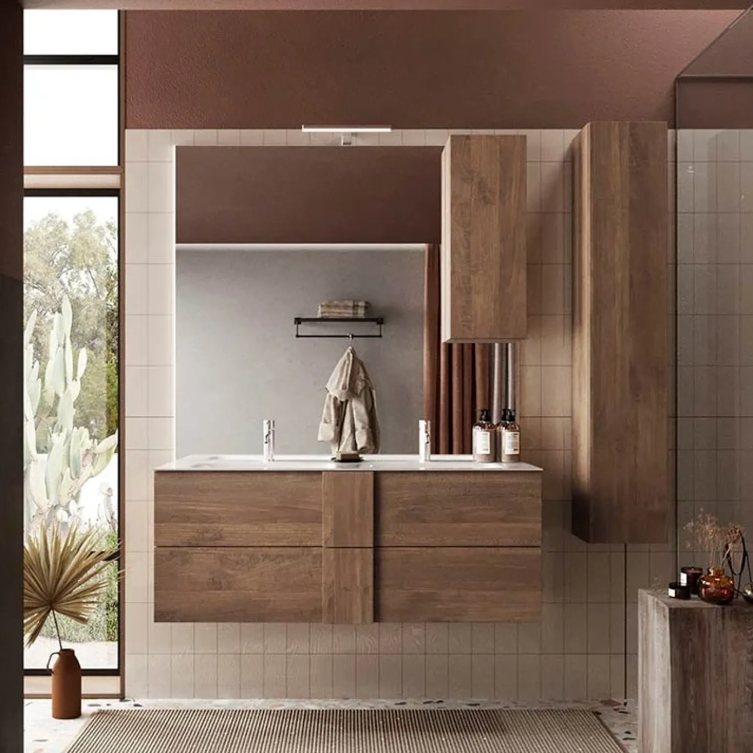 Mobile bagno sospeso 120cm con doppio lavabo e specchio rovere Alvarez