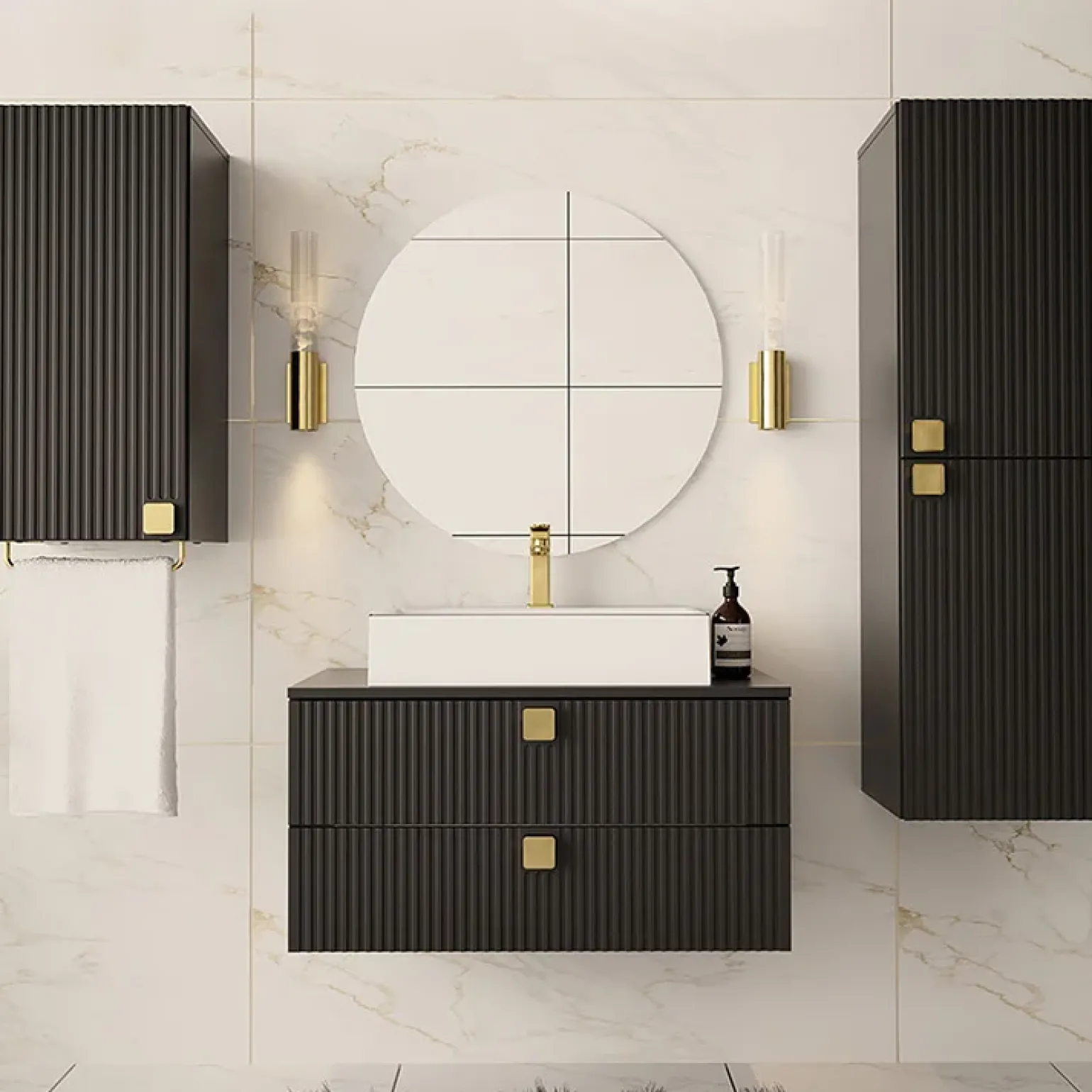 Mobile bagno sospeso 80cm con colonna e pensile maniglie oro nero Bursa