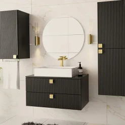 Mobile bagno sospeso 80cm con colonna e pensile maniglie oro nero Bursa