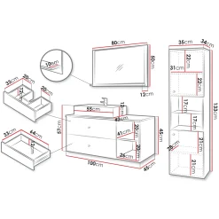 Mobile bagno sospeso 100cm con lavabo, specchio e colonna bianco Krom