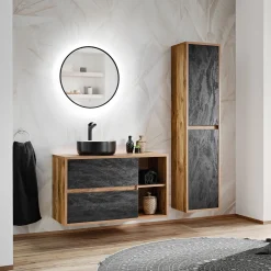 Mobile bagno sospeso 100cm con lavabo, specchio e colonna rovere antracite Stony
