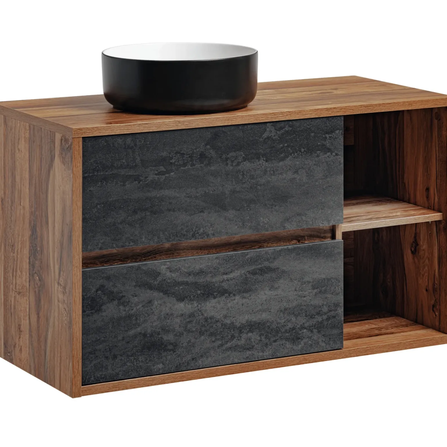 Mobile bagno sospeso 100cm con lavabo, specchio e colonna rovere antracite Stony