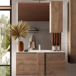 Mobile bagno sospeso 100cm con lavabo e specchio rovere Alvarez
