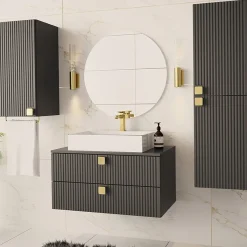 Mobile bagno sospeso 80cm con colonna e pensile maniglie oro grigio Bursa