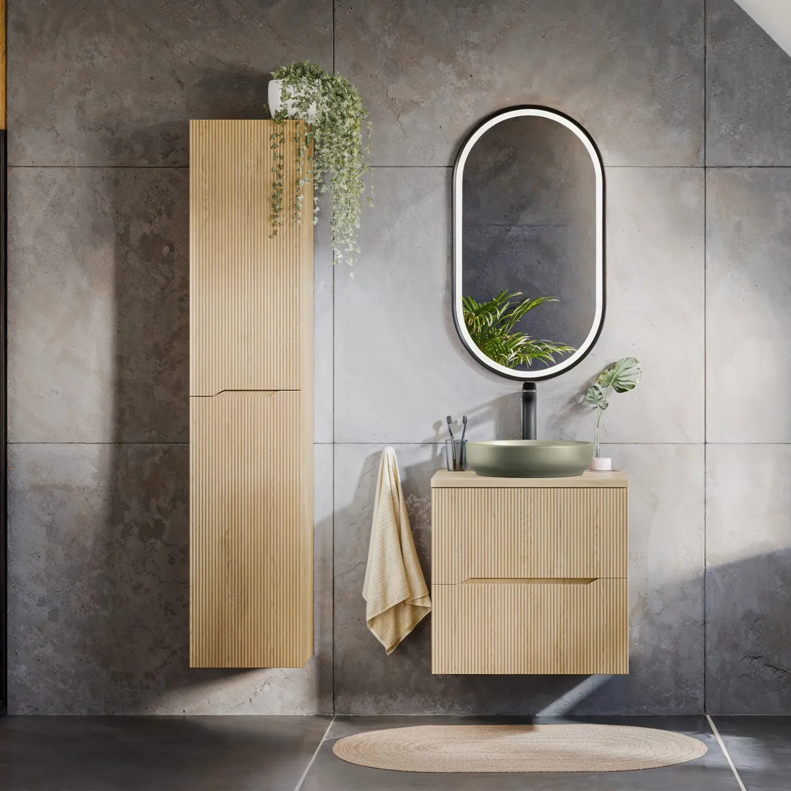 Mobile bagno sospeso 60cm cannettato 2 cassetti rovere Pretty