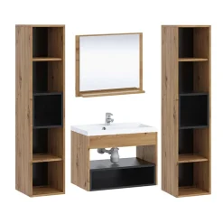 Mobile bagno sospeso 60cm con lavabo, specchio e colonne rovere nero Florentina