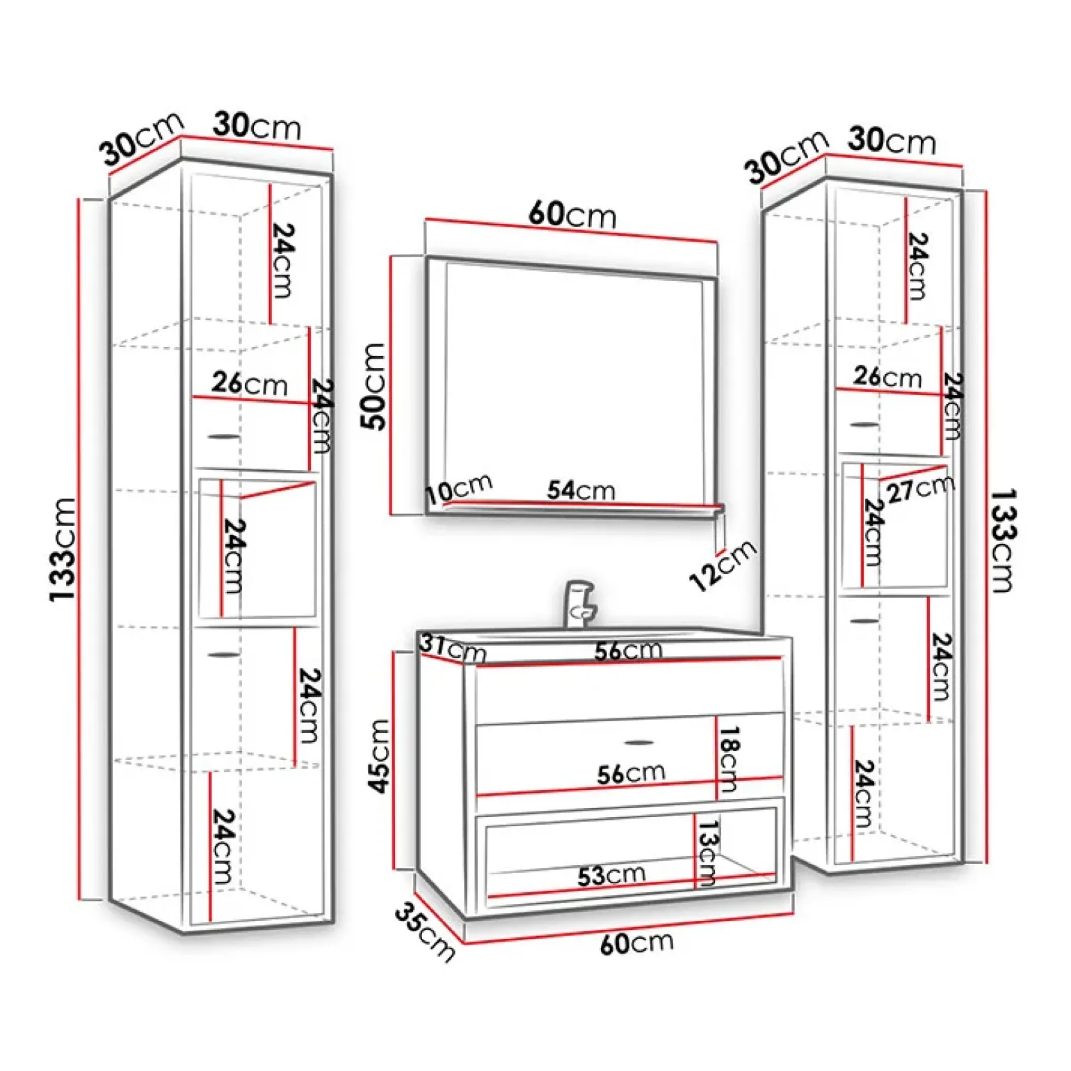 Mobile bagno sospeso 60cm con lavabo, specchio e colonne rovere nero Florentina