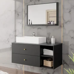 Mobile bagno sospeso 100cm con lavabo e specchio 2 cassetti nero Krom