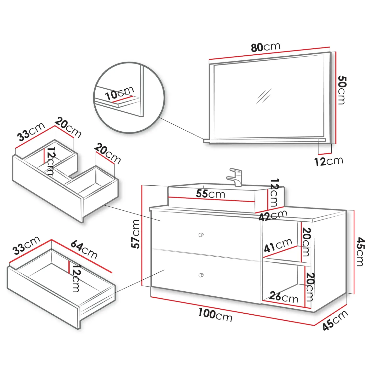 Mobile bagno sospeso 100cm con lavabo e specchio 2 cassetti nero Krom