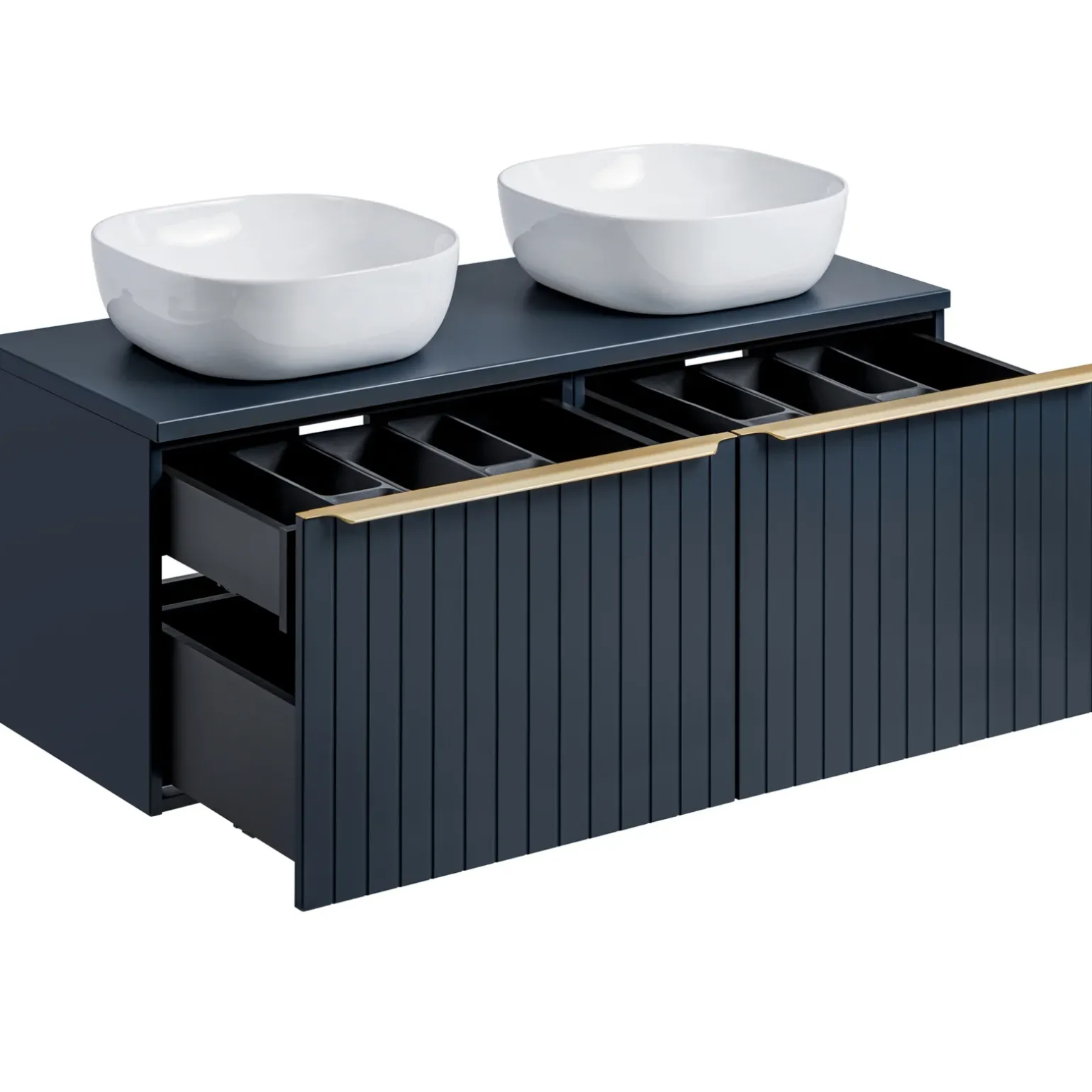 Mobile bagno sospeso 120cm con 2 lavabi, 2 specchi e colonna cannettato blu Deep