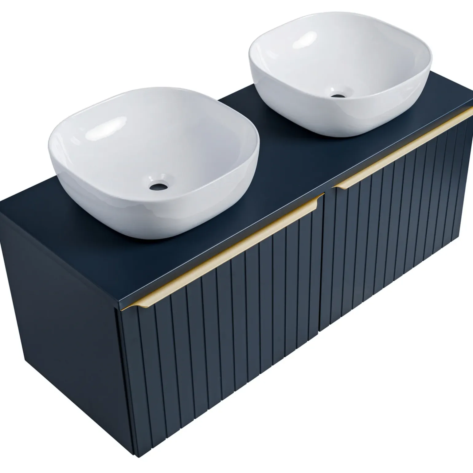 Mobile bagno sospeso 120cm con 2 lavabi, 2 specchi e colonna cannettato blu Deep