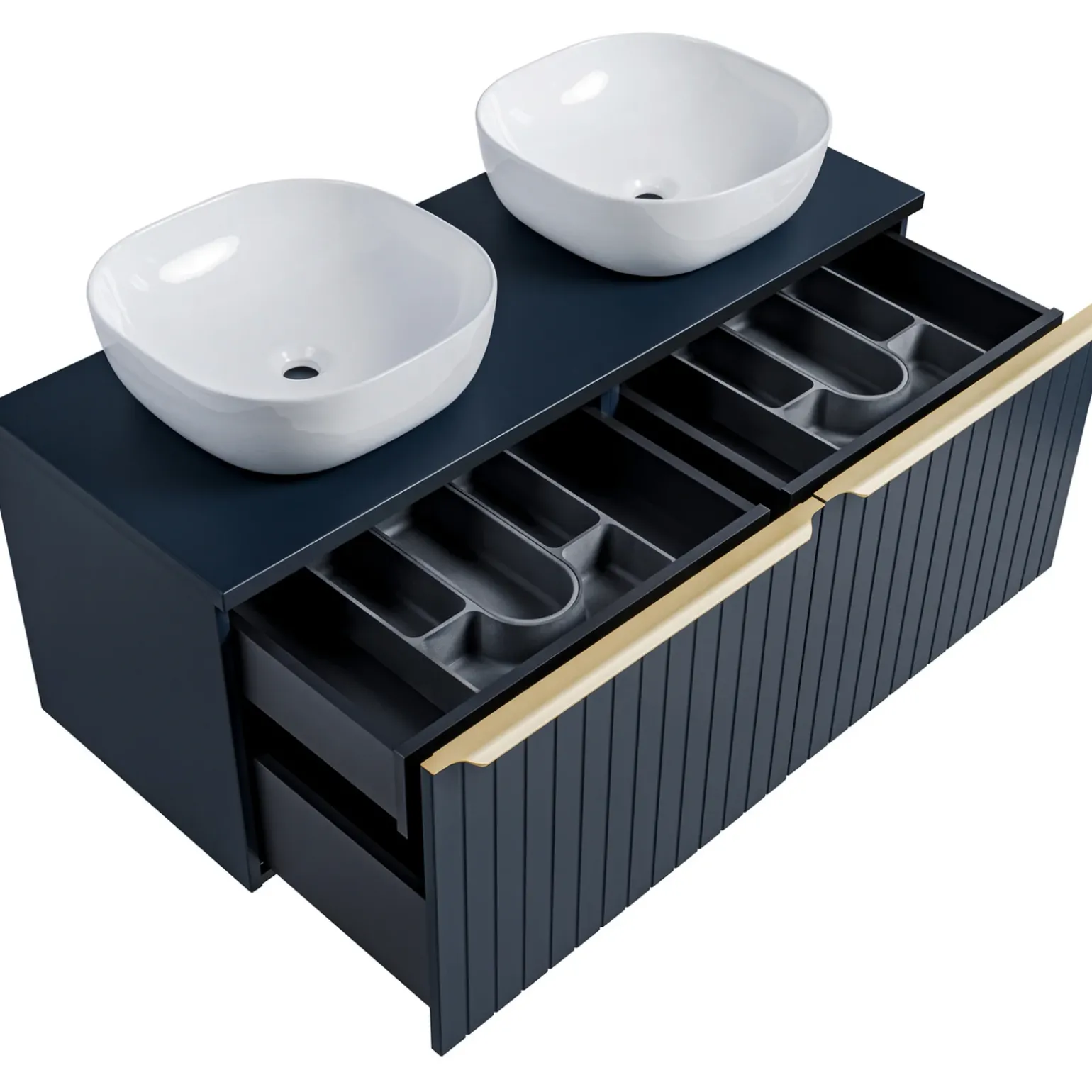 Mobile bagno sospeso 120cm con 2 lavabi, 2 specchi e colonna cannettato blu Deep