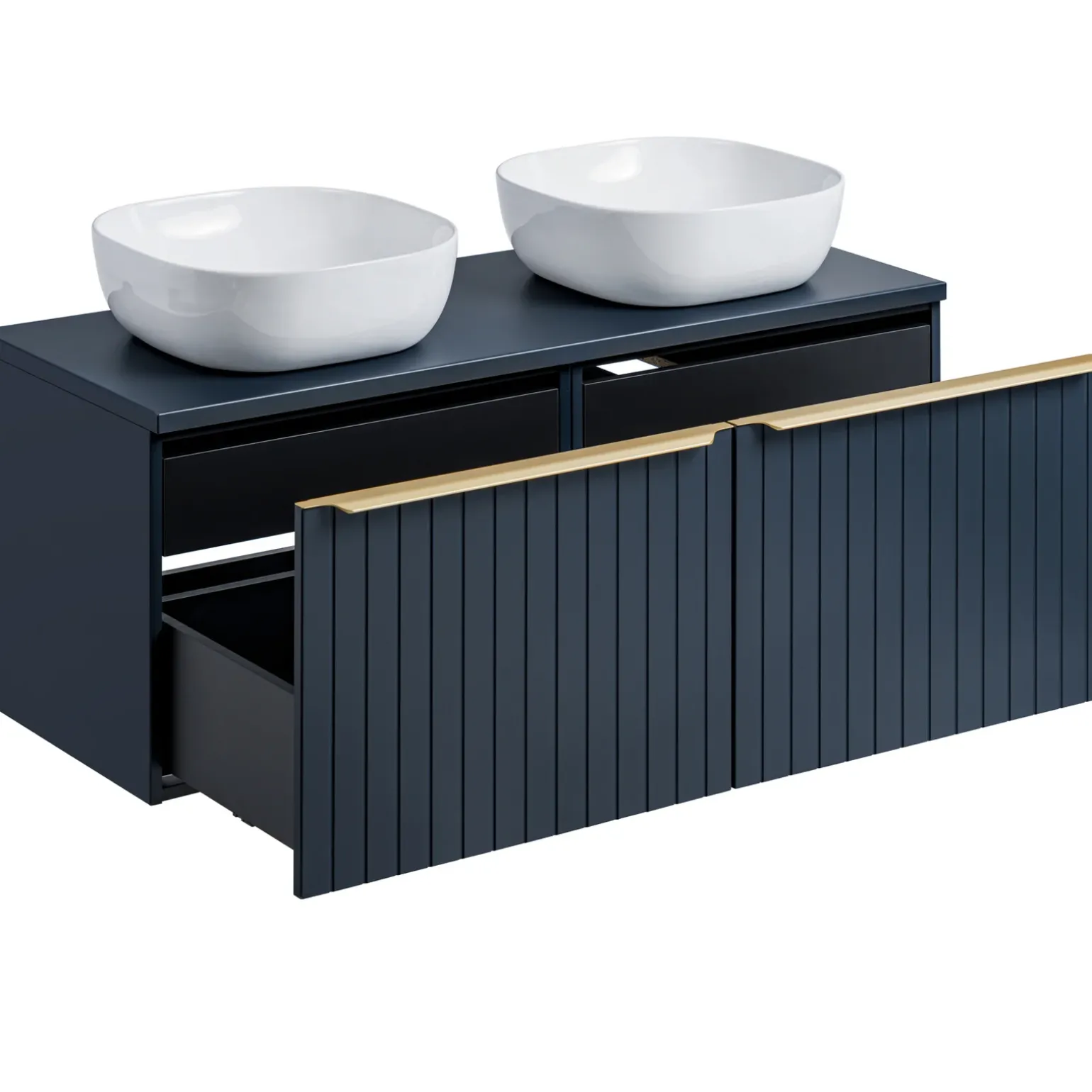 Mobile bagno sospeso 120cm con 2 lavabi, 2 specchi e colonna cannettato blu Deep